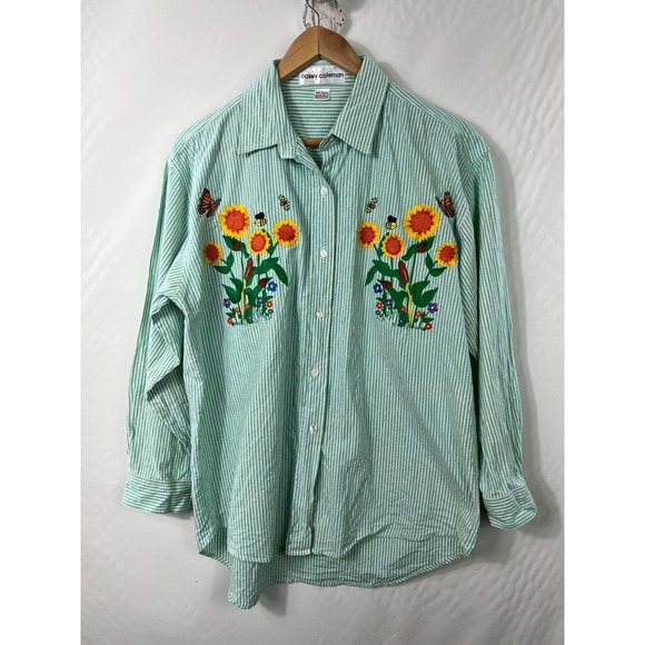 Casey Coleman Tops - Casey Coleman VTG Sz. P Embroidered Button Up Shirt Long Sleeve Sunflowers Green